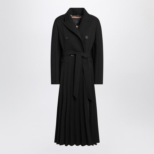 Black pleated redingote coat in technical fabric