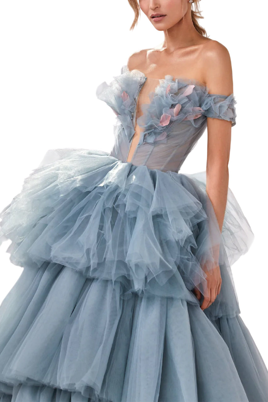 PETAL BODICE TIERED BALL GOWN