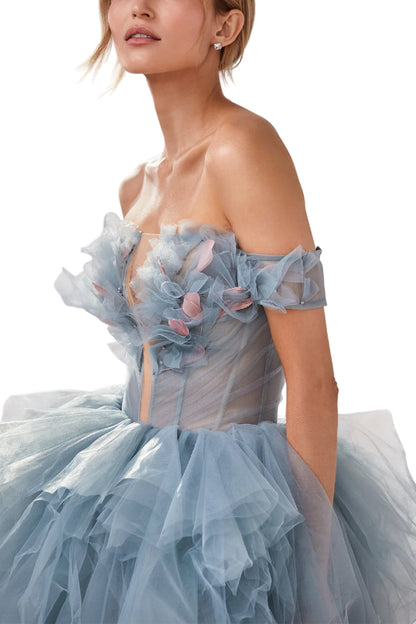 PETAL BODICE TIERED BALL GOWN