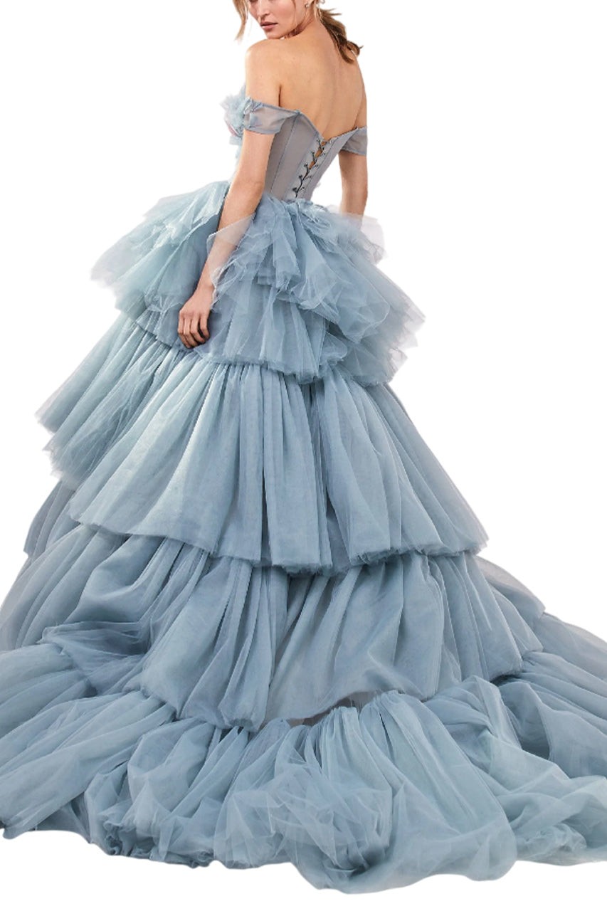 PETAL BODICE TIERED BALL GOWN