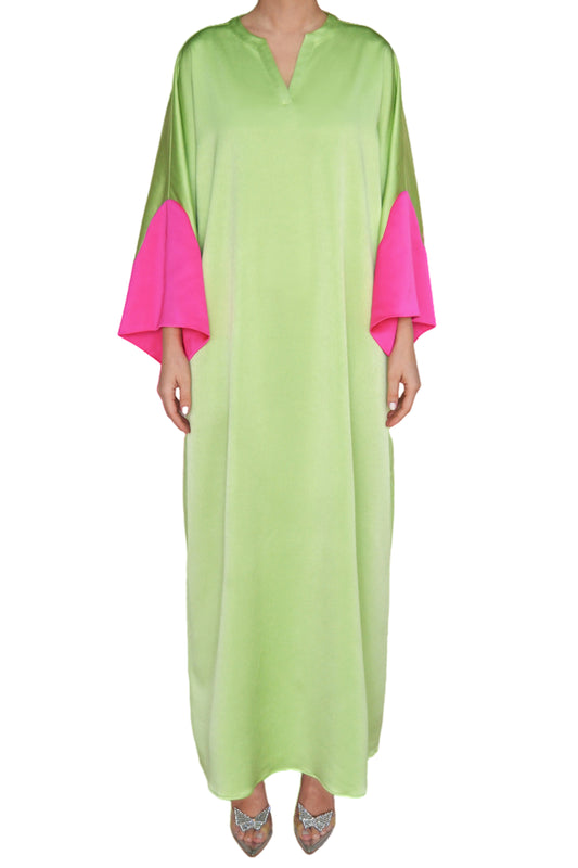 PISTACHIO CREPE CAFTAN WITH FUCHSIA SATIN SLEEVES