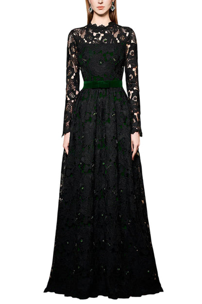 PLEATED LACE AND VELVET GOWN