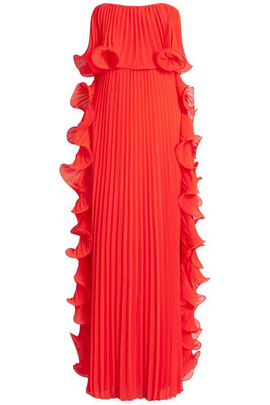 PLEATED STRAPLESS DRESS WITH SIDE RUFFLES