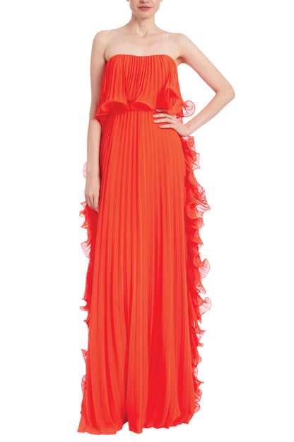 PLEATED STRAPLESS DRESS WITH SIDE RUFFLES