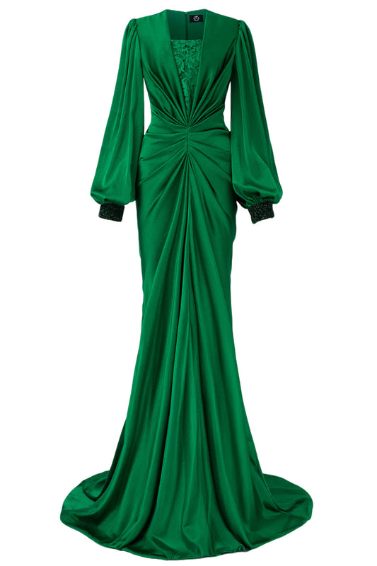 PLUNGE NECKLINE BOUFFANT SLEEVES GATHERED WAIST GOWN