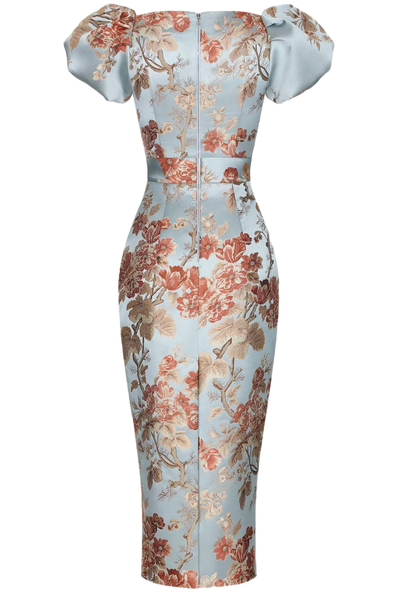 PUFF SLEEVE FLORAL JACQUARD MIDI
