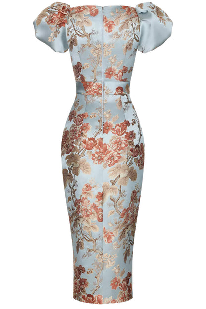 PUFF SLEEVE FLORAL JACQUARD MIDI