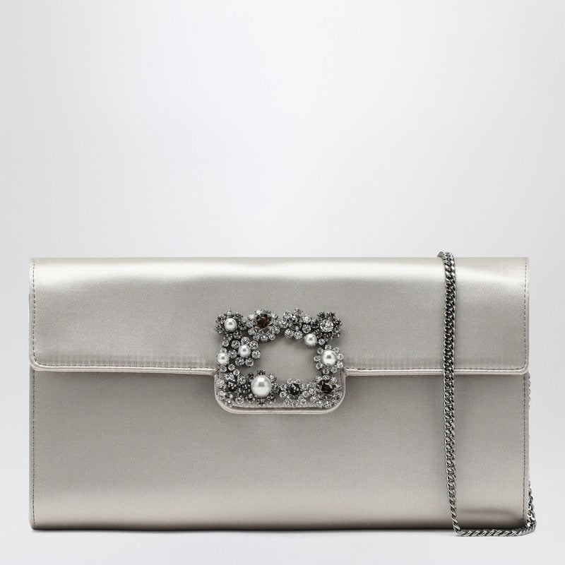 Pearl grey satin clutch bag with buckle