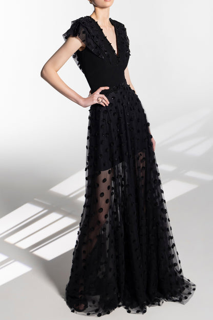 Beaded tulle dress with polka dots