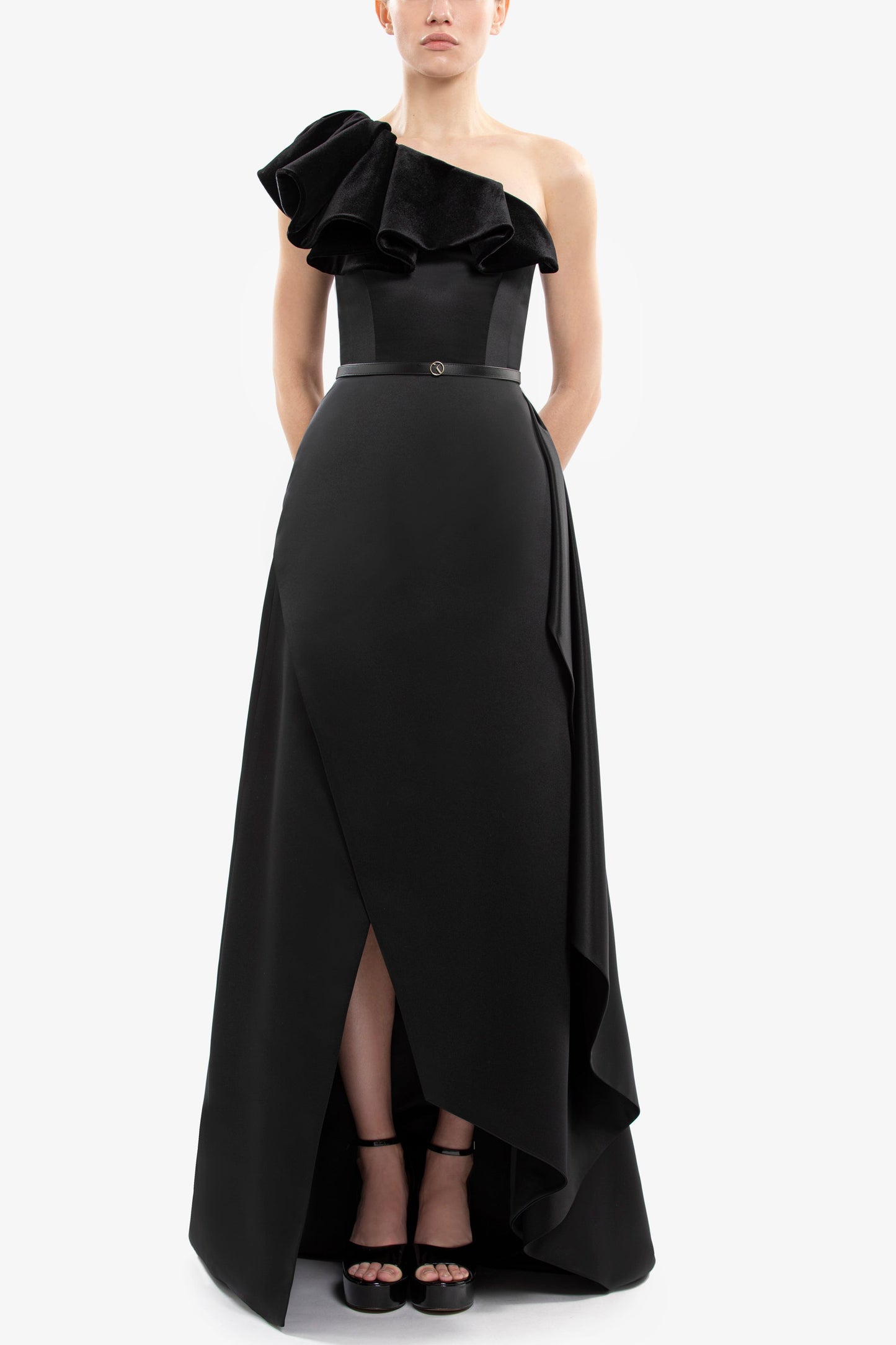 One-Shoulder Velvet and Satin Dress