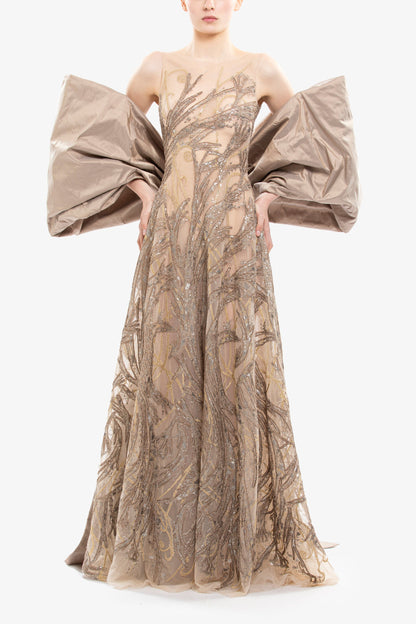 Embroidered Long Dress with Bow Cape