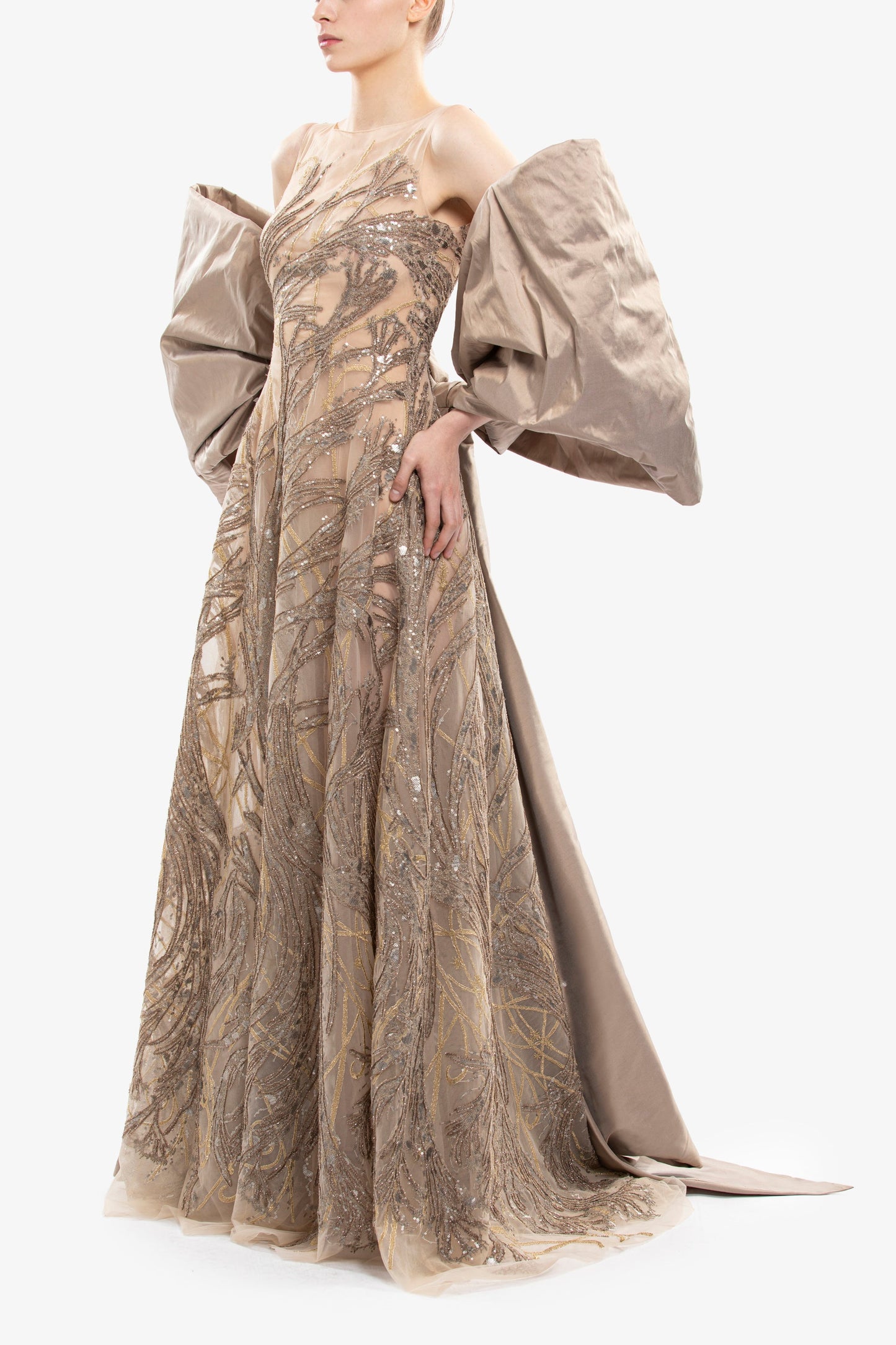 Embroidered Long Dress with Bow Cape