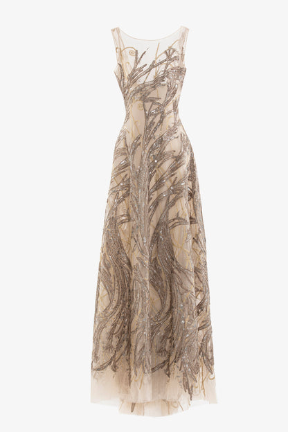 Embroidered Long Dress with Bow Cape