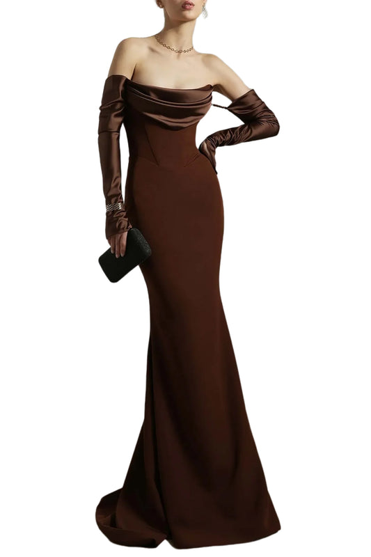 RAVEN COFFEE CREPE LONG DRESS
