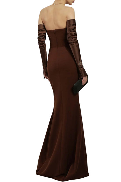 RAVEN COFFEE CREPE LONG DRESS
