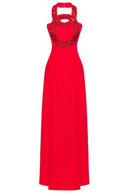 RED CRYSTALS NECKLINE FLOWING GOWN