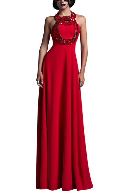 RED CRYSTALS NECKLINE FLOWING GOWN