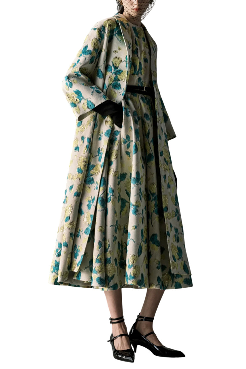 RENEE METALLIC FLORAL JACQUARD CAPE MIDI DRESS