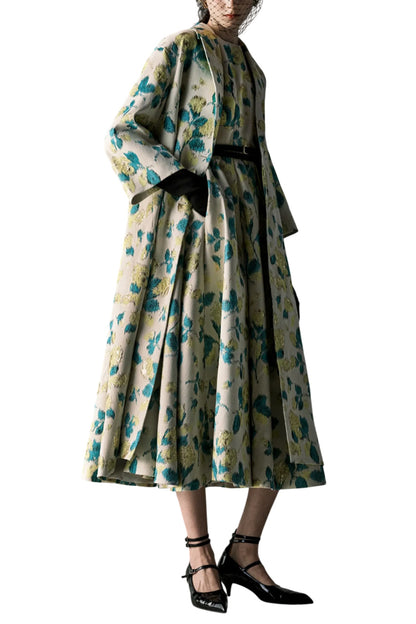 RENEE METALLIC FLORAL JACQUARD CAPE MIDI DRESS