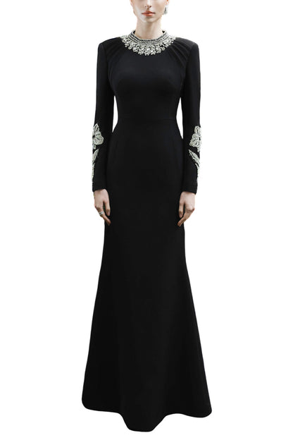 ROUND NECK LONG SLEEVE EMBELLISHED DRESS