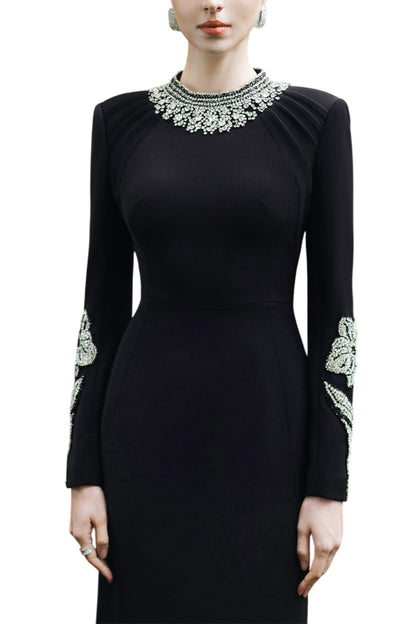 ROUND NECK LONG SLEEVE EMBELLISHED DRESS