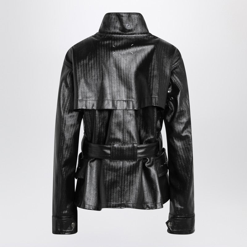 Black cotton laminated belted jacket