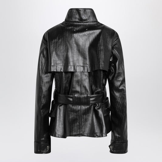 Black cotton laminated belted jacket