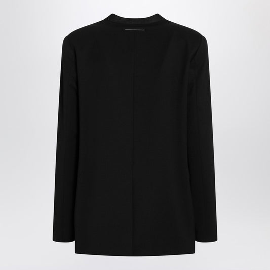 Black collarless single-breasted blazer