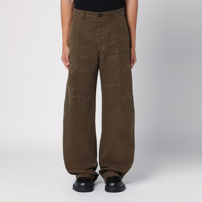 Military Green Wide Trousers With Wear