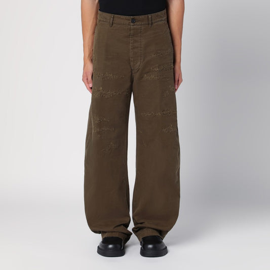Military Green Wide Trousers With Wear