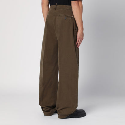 Military Green Wide Trousers With Wear
