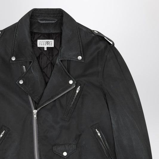 Black washed-effect biker jacket