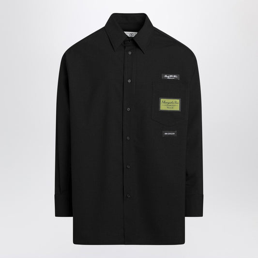 Black wool-blend shirt with label details