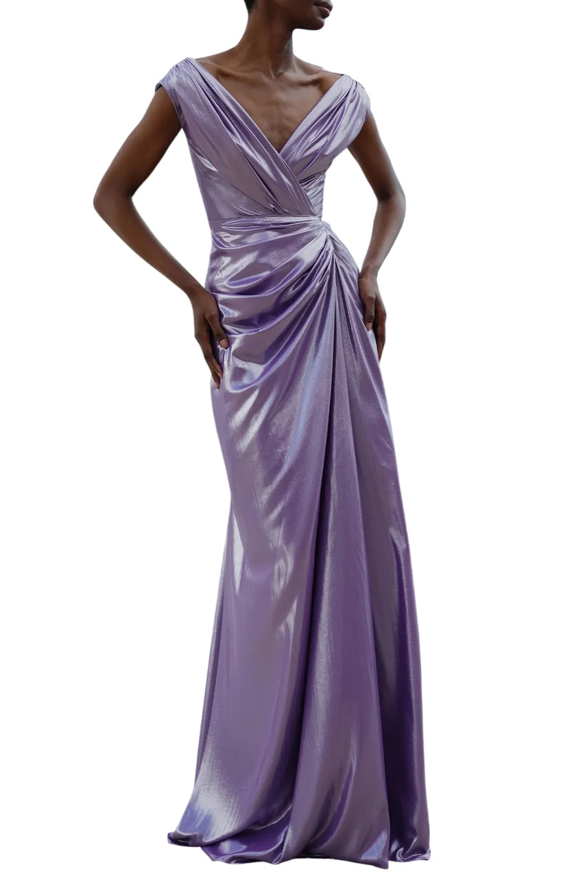 SAARA DRAPED GLOSSY CHIFFON DRESS