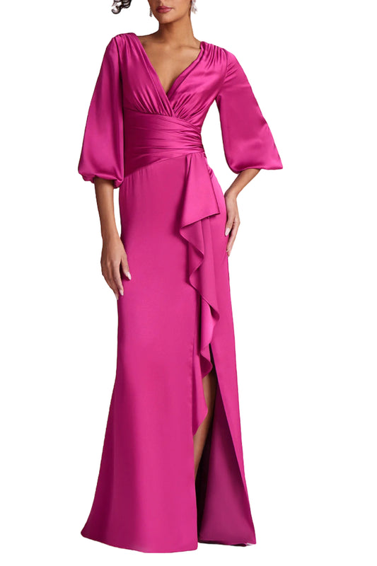 SATIN FULL SLEEVE SIDE DRAPE GOWN