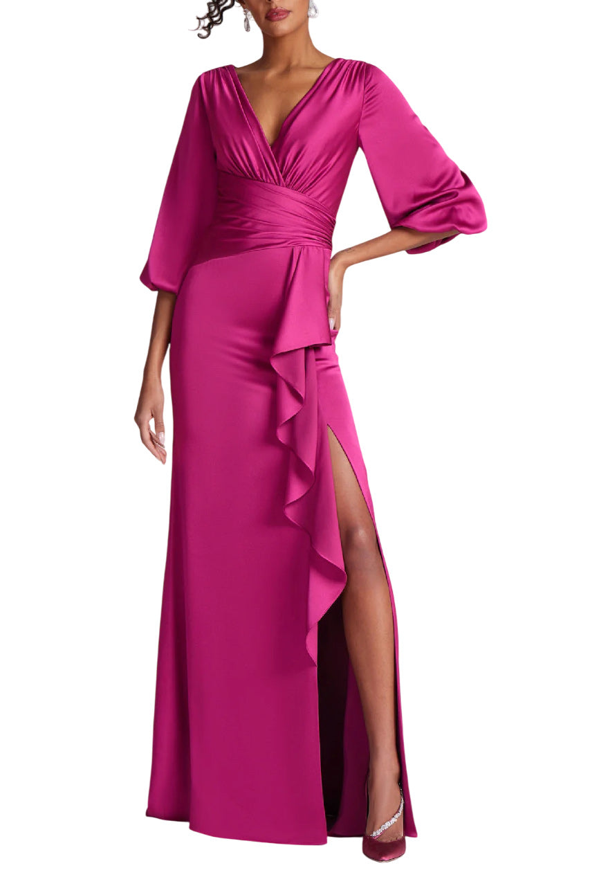 SATIN FULL SLEEVE SIDE DRAPE GOWN