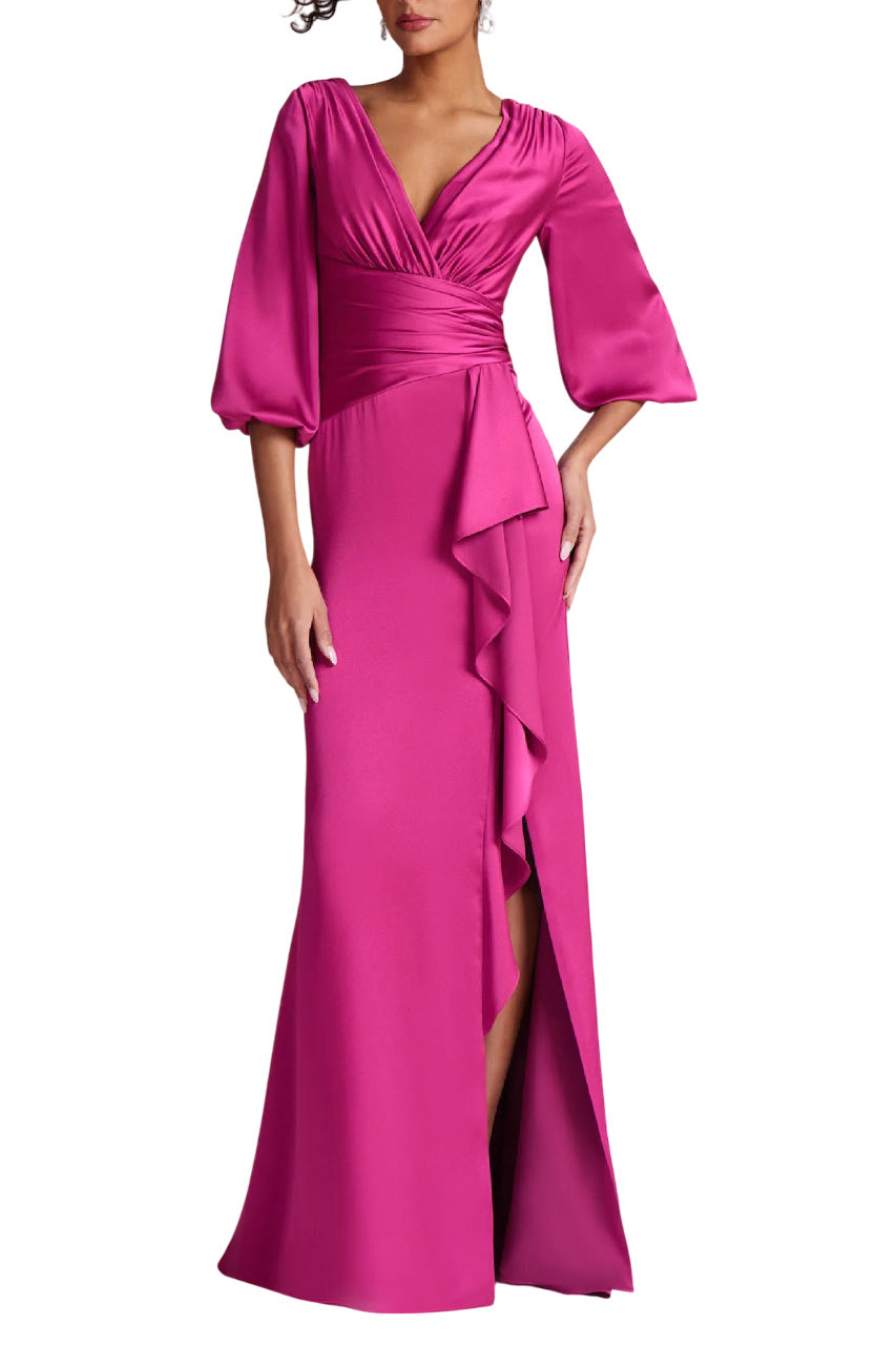 SATIN FULL SLEEVE SIDE DRAPE GOWN
