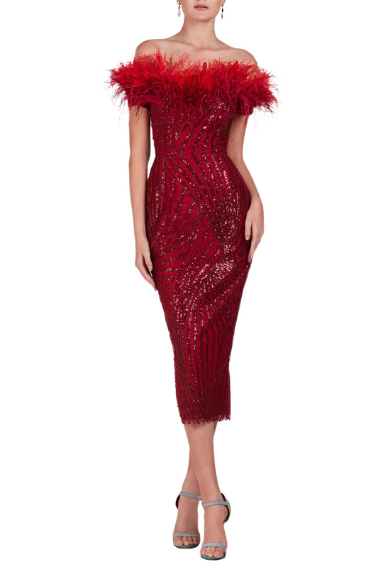 SEQUIN TEA LENGTH FEATHERED DRESS