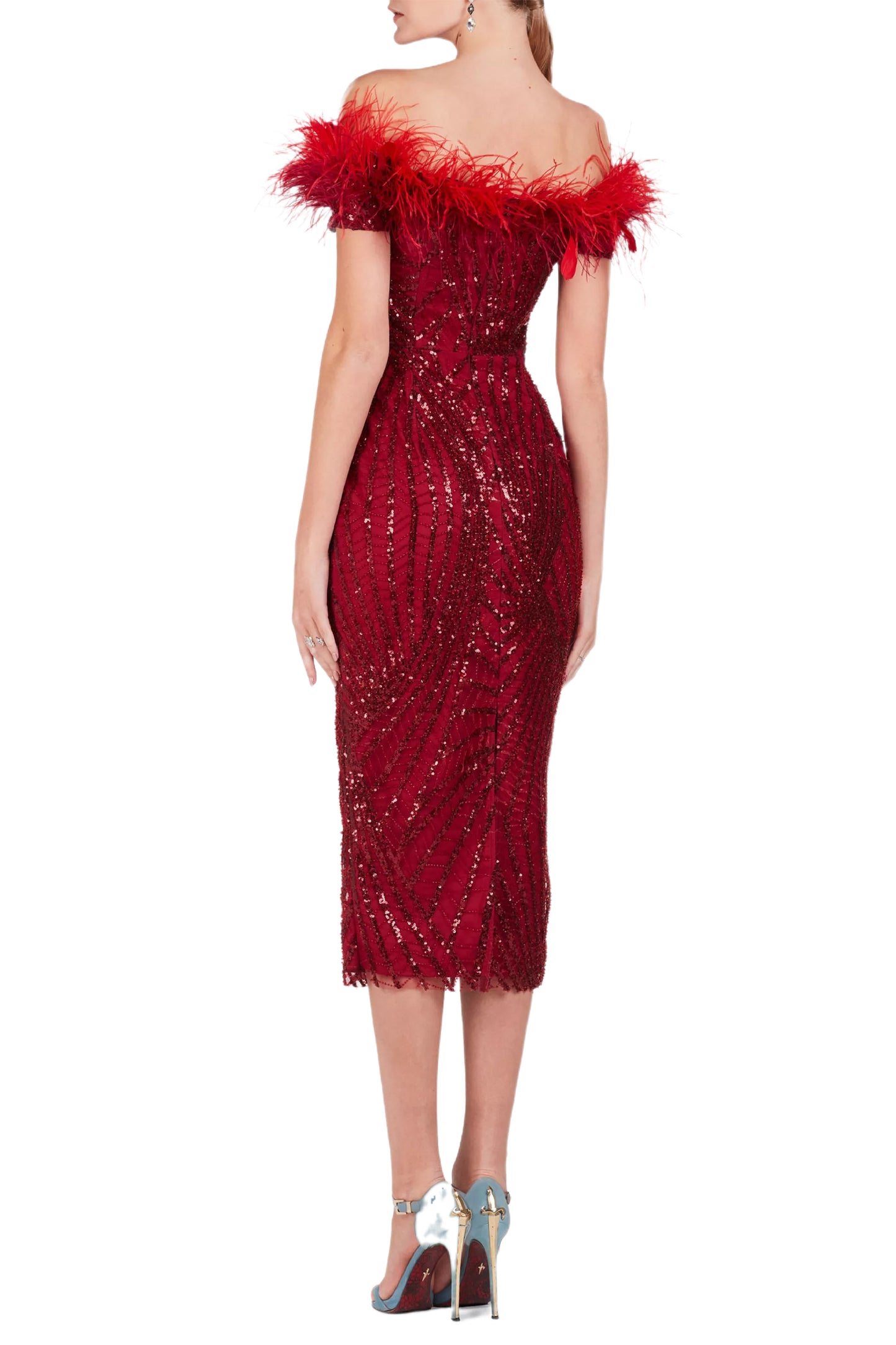 SEQUIN TEA LENGTH FEATHERED DRESS