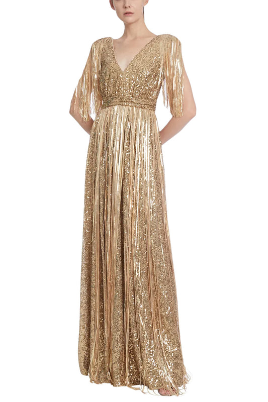 SEQUINED EVENING GOWN WITH FRINGES