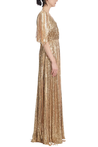 SEQUINED EVENING GOWN WITH FRINGES