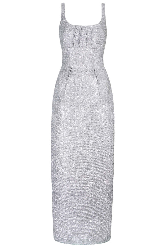 SHARON DRESS IN SILVER METALLIC SEERSUCKER
