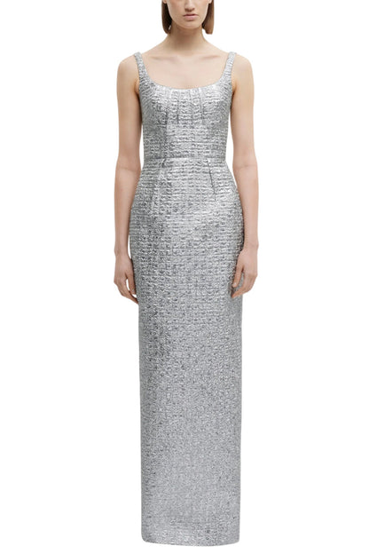 SHARON DRESS IN SILVER METALLIC SEERSUCKER