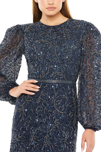 SHEER LONG SLEEVE BEADED GOWN