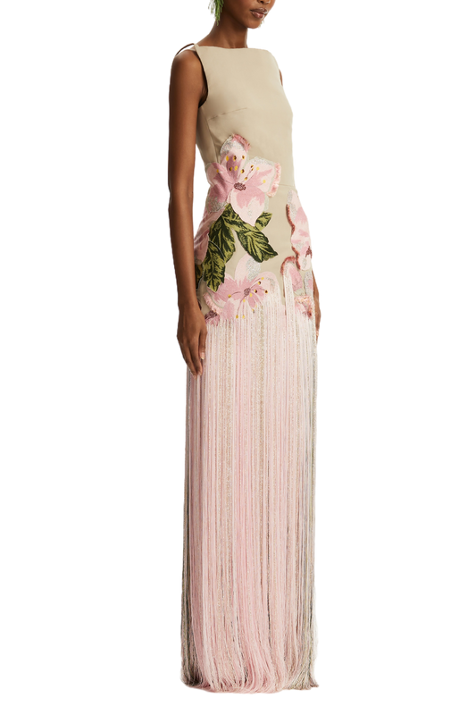 SLEEVELESS EMBROIDERED FAILLE GOWN WITH FRINGES