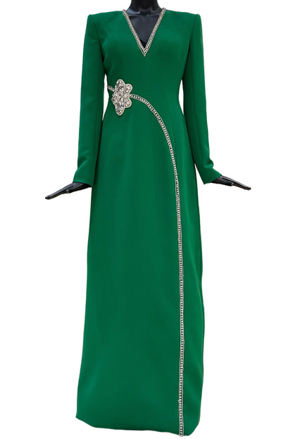 STONE ORCHID EMBELLISHED V-NECK DRESS