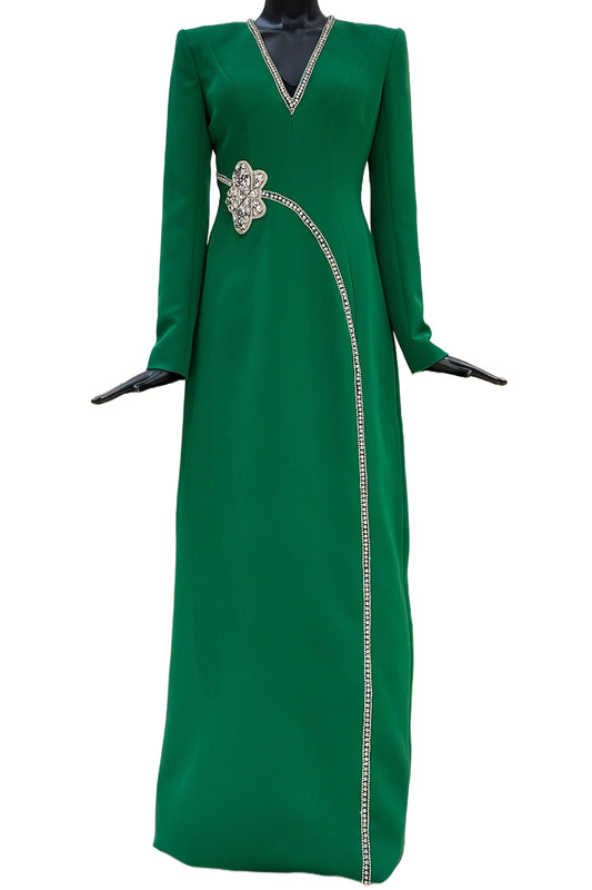 STONE ORCHID EMBELLISHED V-NECK DRESS