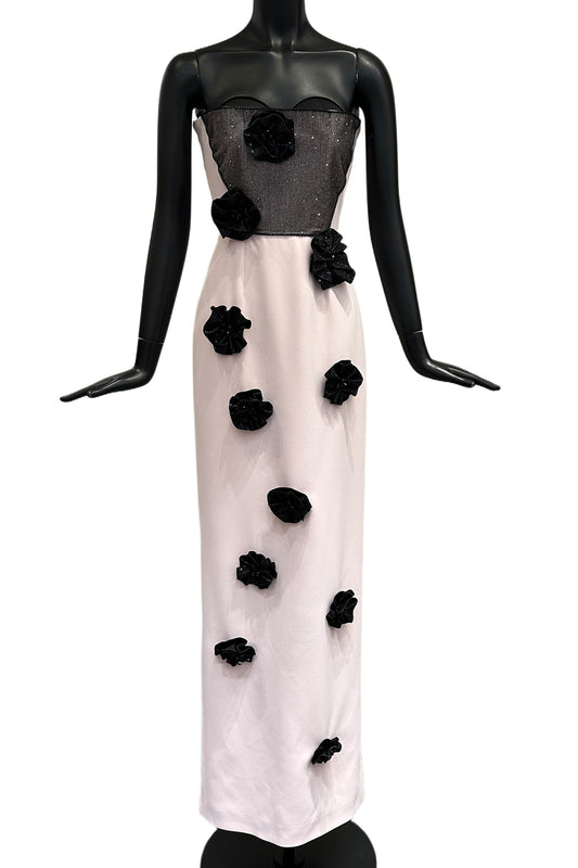STRAPLESS COLUMN GOWN WITH FLORAL EMBELLISHMENTS