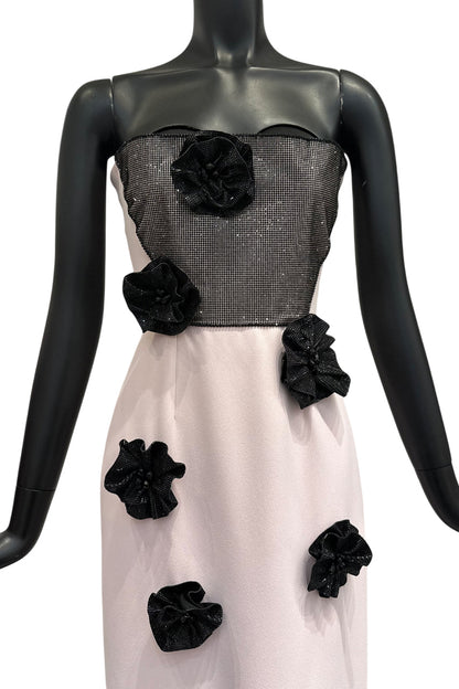 STRAPLESS COLUMN GOWN WITH FLORAL EMBELLISHMENTS