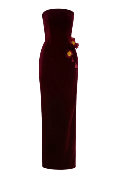 STRAPLESS VELVET APPLIQUÉ GOWN
